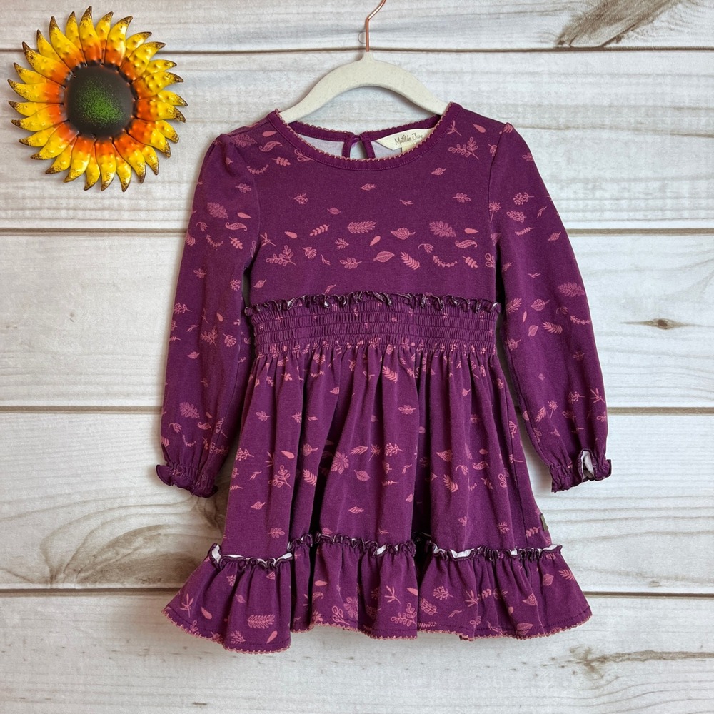 Matilda‎ Jane Girls Dress Long Sleeve Purple Leaf Print Ruffle Size 2